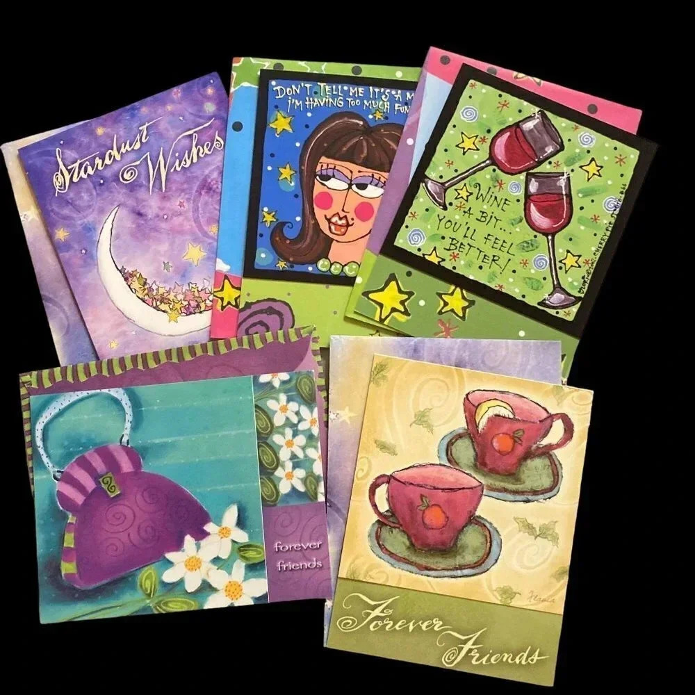 Variety FIVE PACK Leanin Tree Unused VTG Notecards Birthday Friendship Funny NOS